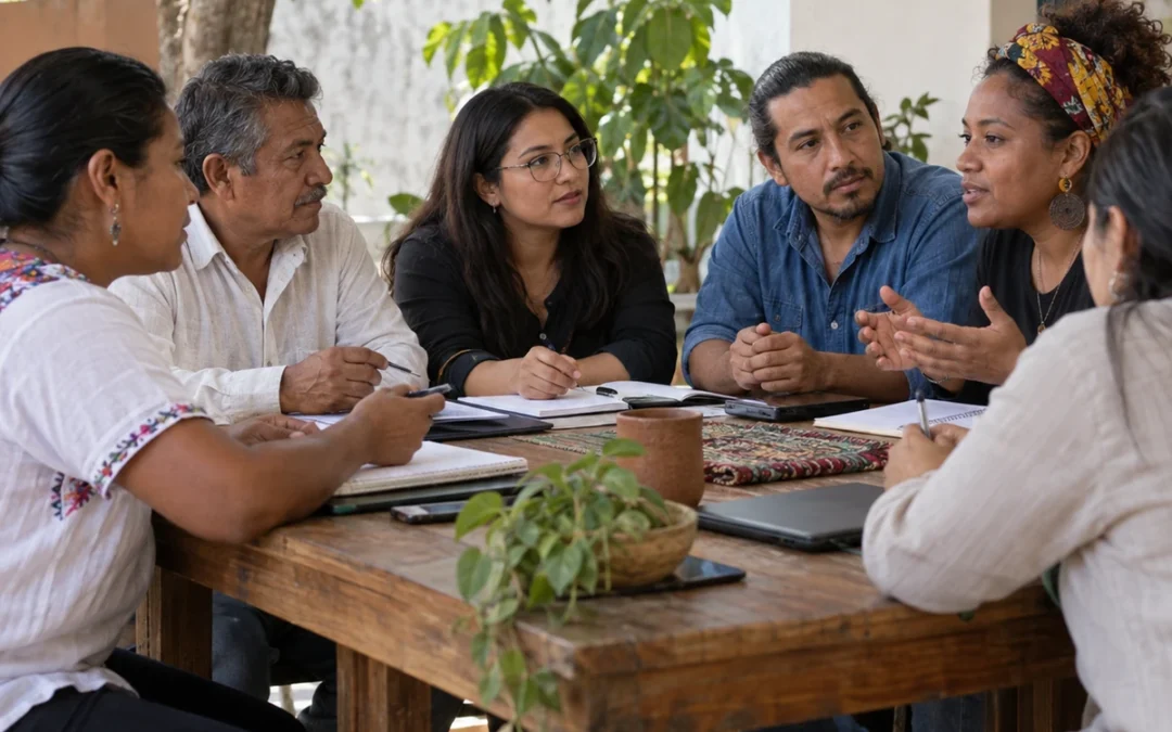 Representación de la diversidad cultural y lingüística de México mediante personas adultas de distintas comunidades reunidas en un espacio público contemporáneo.